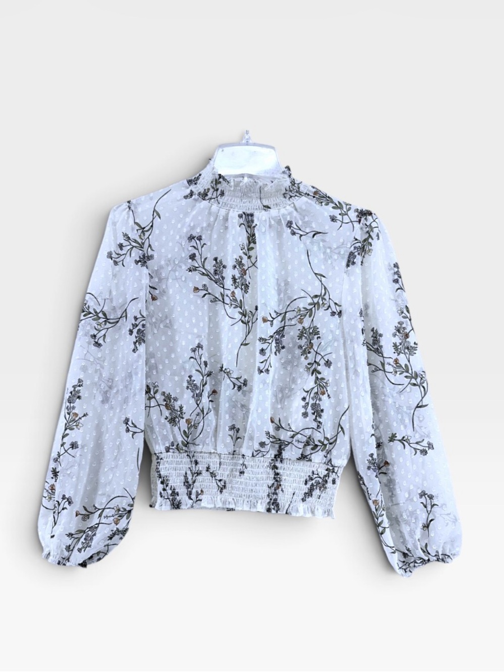 Meraki Sheer Floral Smocked-Waist Blouse - White Floral juniors large